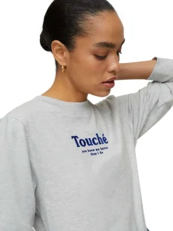 Sweat gris clair en coton col rond et manches longues avec lettrage en velours