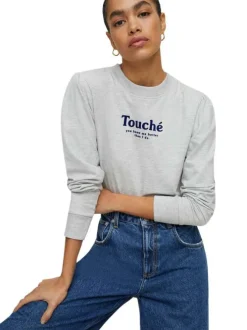 Sweat gris clair en coton col rond et manches longues avec lettrage en velours