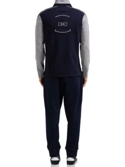 Sweat gris tricolore avec une coupe droite, col boutonné et logo brodé