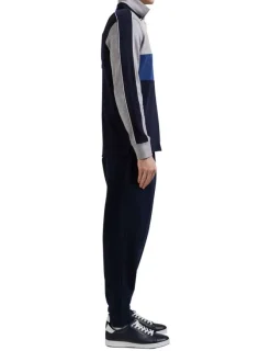 Sweat gris tricolore avec une coupe droite, col boutonné et logo brodé