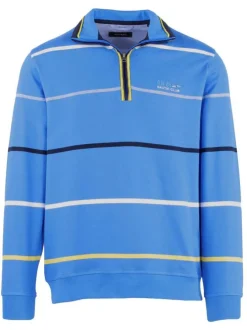 Sweat homme droite imprimé rayures noir, blanc et jaune bleu