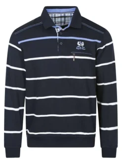 Sweat marine avec rayures blanches et bleues et un col polo avec boutons