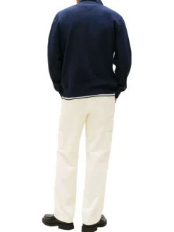 Sweat marine uni avec un col camionneur zippé et des manches longues