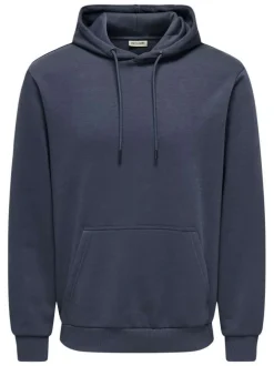 Sweat marine uni avec une coupe droite et un col à capuche