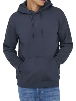 Sweat marine uni avec une coupe droite et un col à capuche