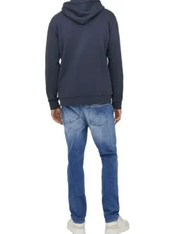 Sweat marine uni avec une coupe droite et un col à capuche