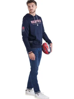 Sweat marine uni avec une coupe droite un col à capuche et des manches longues