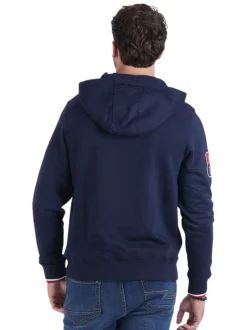 Sweat marine uni avec une coupe droite un col à capuche et des manches longues