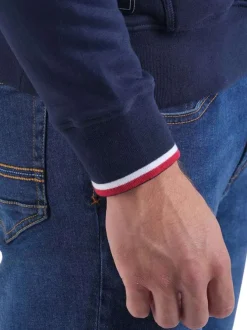 Sweat marine uni avec une coupe droite un col à capuche et des manches longues