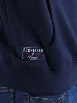 Sweat marine uni avec une coupe droite un col à capuche et des manches longues