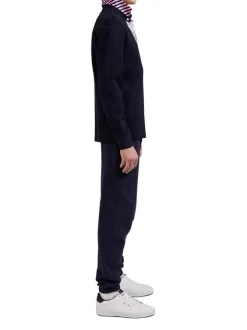 Sweat marine uni à coupe droite, col polo et manches longues avec noeud brodé