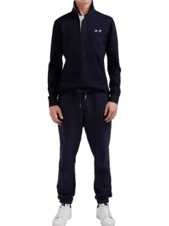 Sweat marine uni à coupe droite, col polo et manches longues avec noeud brodé