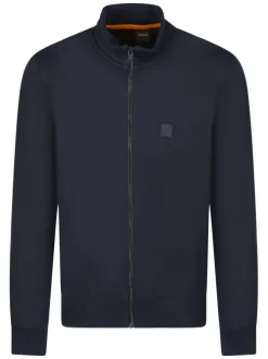 Sweat marine uni zippé en coton avec logo de la marque brodé sur la poitrine