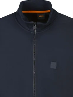 Sweat marine uni zippé en coton avec logo de la marque brodé sur la poitrine