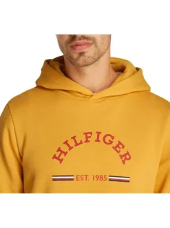 Sweat moutarde à imprimé floqué avec une coupe droite et un col à capuche