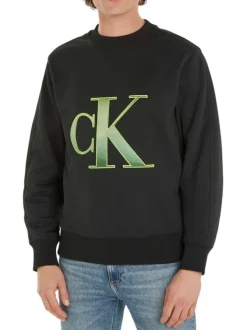Sweat noir avec une coupe regular fit un col rond et monogramme vert brodé