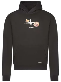 Sweat noir imprimé avec un col à capuche et une poche kangourou