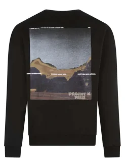 Sweat noir imprimé dans le dos col rond avec marque sur le devant