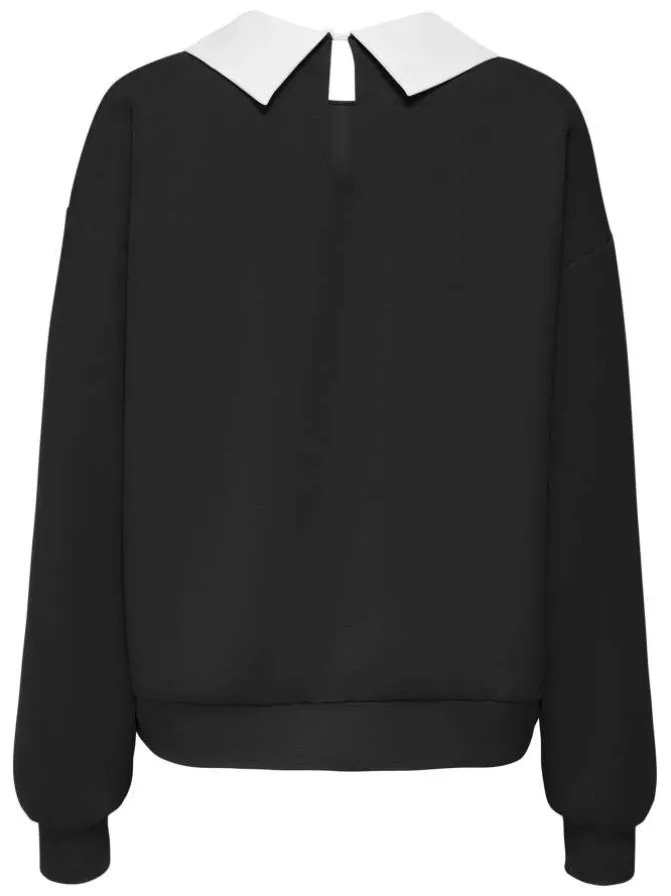 Sweat noir uni avec un col rond à strass et une coupe droite