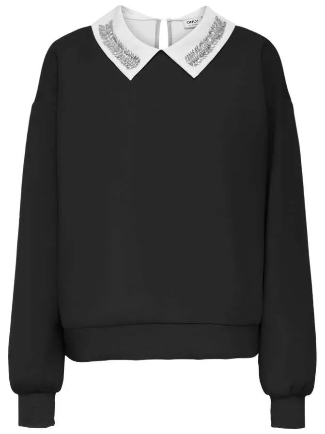 Sweat noir uni avec un col rond à strass et une coupe droite