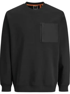 Sweat noir uni à coupe droite et à col rond avec une poche zippée à la poitrine