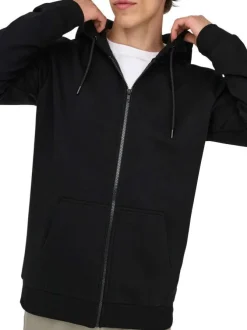 Sweat noir uni en coton mélangé avec une coupe droite et un col à capuche