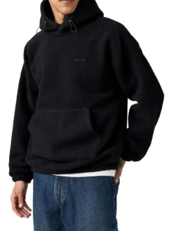 Sweat noir uni en sherpa avec une coupe droite et un col à capuche