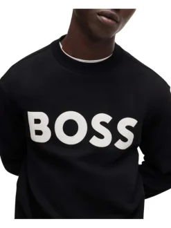 Sweat ras-du-cou en coton noir uni à coupe droite avec nom de la marque