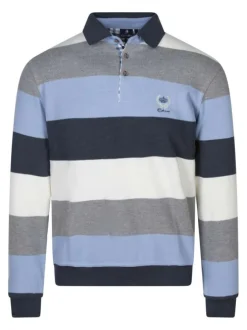 Sweat à rayures bleues, grises et blanches avec un col polo à boutons