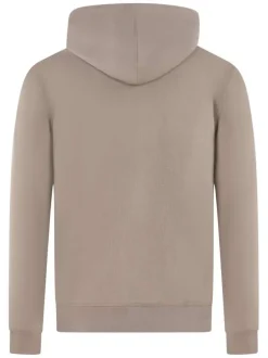 Sweat taupe uni avec un col à capuche et un logo brodé sur le coeur