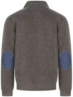 Sweat taupe uni avec une coupe droite, des coudières et un col boutonné