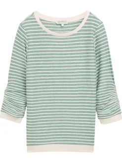 Sweat vert à rayures blanches en coton avec col rond large et coupe regular