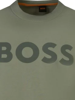Sweat vert uni avec une coupe droite et nom de la marque à l'avant