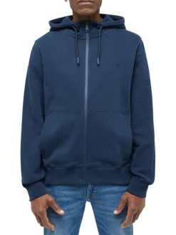 Sweat zippé Brighton en coton marine uni droit avec col à capuche et poches