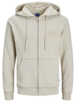 Sweat zippé en coton beige unie coupe droite avec un col à capuche