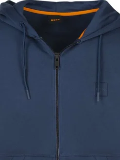 Sweat zippé en coton bleu uni avec une coupe droite et un col à capuche