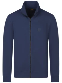 Sweat zippé en coton bleu uni avec une coupe droite et un col montant