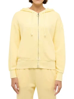 Sweat zippé en coton jaune uni avec une coupe ample et un col à capuche