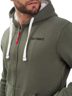 Sweat zippé en coton kaki pourvu d'un col à capuche et de poches