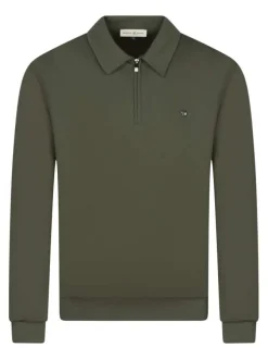 Sweat zippé en coton kaki uni coupe ajustée avec un col à revers