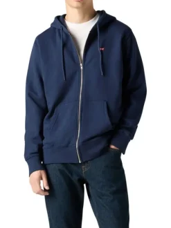 Sweat zippé en coton marine à coupe droite pourvu d'un col à capuche
