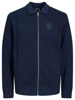 Sweat zippé en coton marine uni coupe droite avec col français en points Jersey