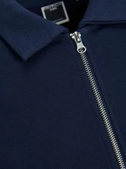 Sweat zippé en coton marine uni coupe droite avec col français en points Jersey