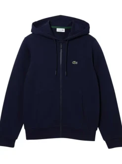 Sweat zippé en coton marine uni coupe droite col capuche et poches ventrales
