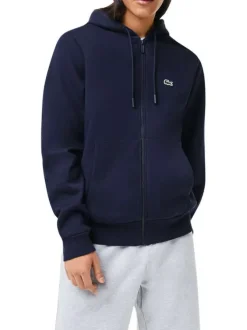 Sweat zippé en coton marine uni coupe droite col capuche et poches ventrales