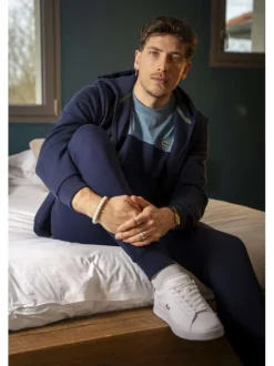 Sweat zippé en coton marine uni coupe droite col capuche et poches ventrales
