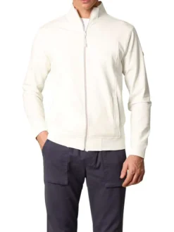 Sweat zippé en coton mélangé écru uni avec une coupe droite et un col montant