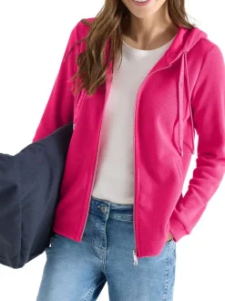 Sweat zippé en coton mélangé fuchsia uni pourvu d'une coupe droite