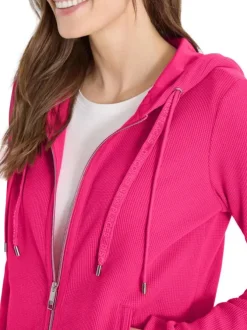 Sweat zippé en coton mélangé fuchsia uni pourvu d'une coupe droite
