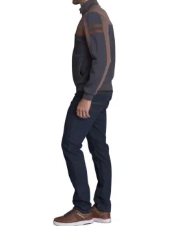 Sweat zippé en coton mélangé gris uni avec une coupe droite à col montant